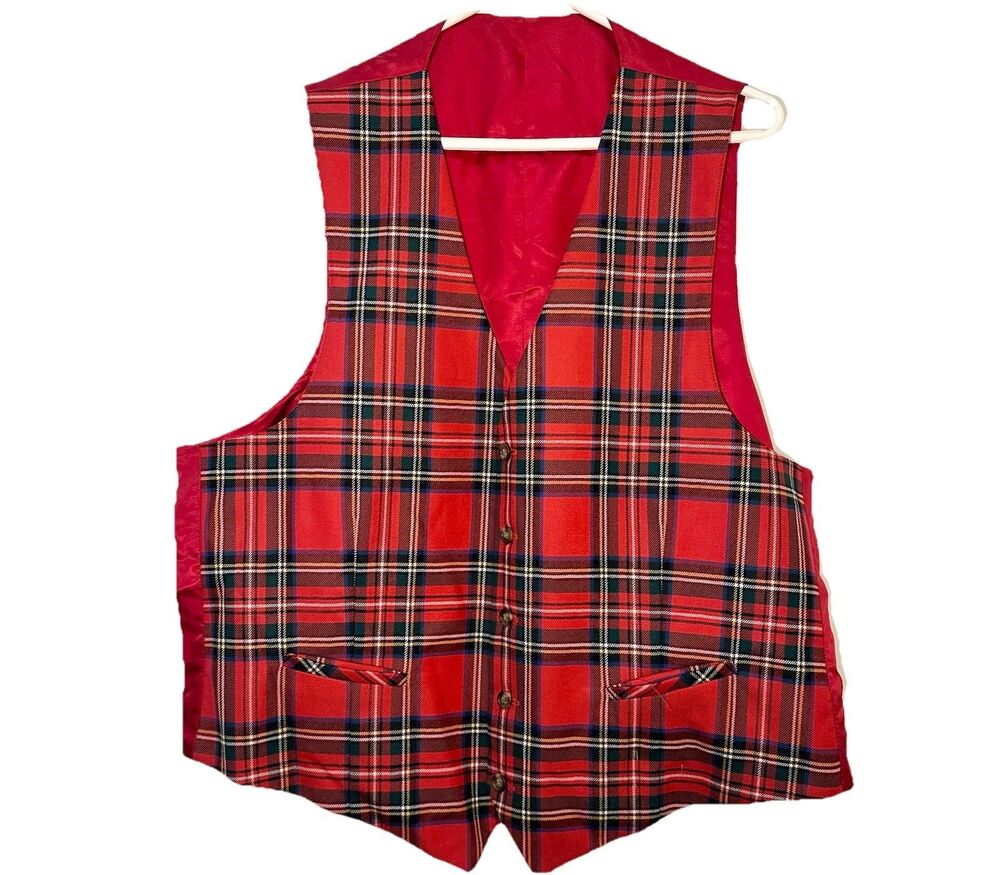 Vintage Tartan Plaid Vest Mens 48L 100% Worsted Wool Red Christmas Preppy